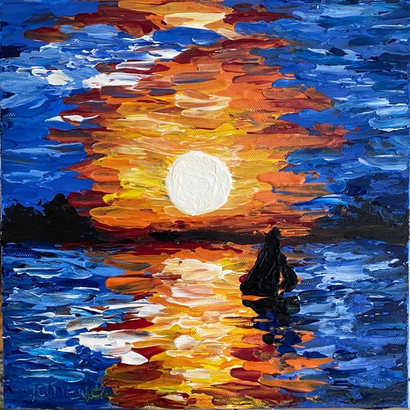 yaneyaart Other - Impasto sunset on the ocean. Original acrylic painting signed by the artist new